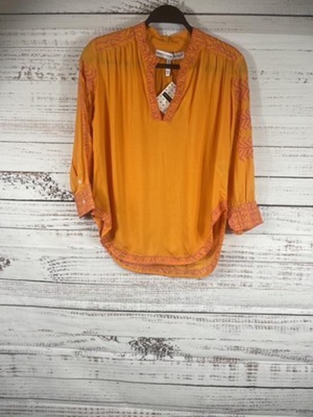 Gretchen Scott Blouse Diva Size XXXL Orange Pink Embroidered V Neck Tunic Sleeve